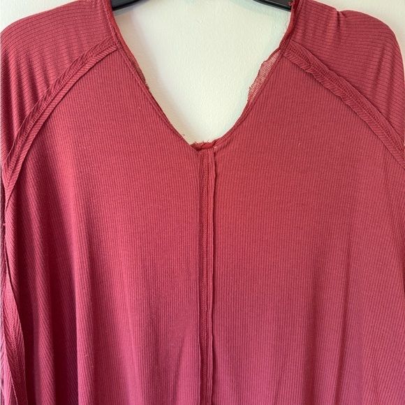 We The Free Peplum V Neck Ribbed Top Maroon Long Sleeve Raw Edges Detail - Picture 11 of 13